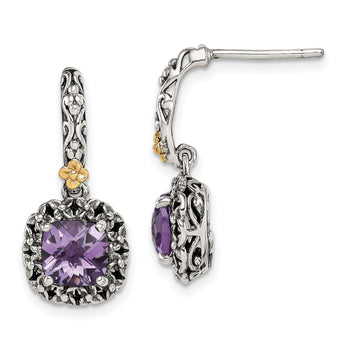 Shey Couture Sterling Silver with 14K Accent Antiqued Cushion Amethyst Post Dangle Earrings