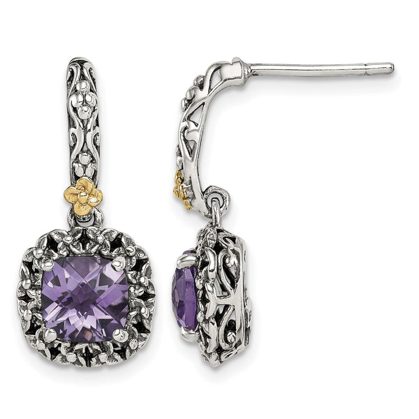 Shey Couture Sterling Silver with 14K Accent Antiqued Cushion Amethyst Post Dangle Earrings - Birthstone Company