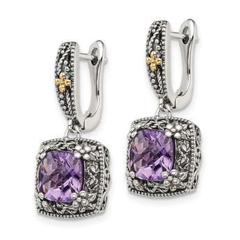 Shey Couture Sterling Silver with 14K Accent Antiqued Cushion Amethyst Hinged Hoop Dangle Earrings - Birthstone Company