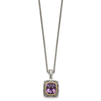 Shey Couture Sterling Silver with 14K Accent 18 Inch Antiqued Checkerboard-cut Cushion Bezel Amethyst Necklace - Birthstone Company