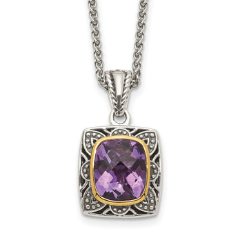 Shey Couture Sterling Silver with 14K Accent 18 Inch Antiqued Checkerboard-cut Cushion Bezel Amethyst Necklace - Birthstone Company