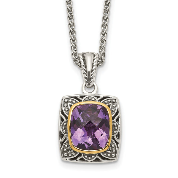 Shey Couture Sterling Silver with 14K Accent 18 Inch Antiqued Checkerboard-cut Cushion Bezel Amethyst Necklace - Birthstone Company