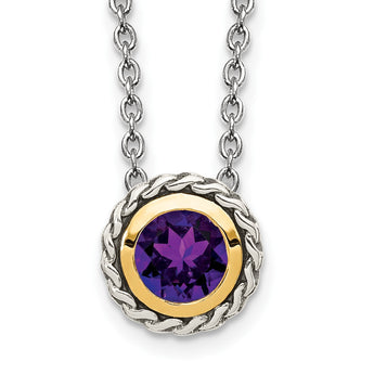 Shey Couture Sterling Silver with 14K Accent 18 Inch Antiqued Round Bezel Amethyst Necklace - Birthstone Company