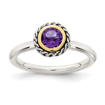 Shey Couture Sterling Silver with 14K Accent Antiqued Round Bezel Amethyst Ring - Birthstone Company