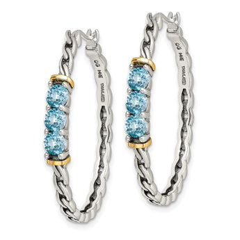 Shey Couture Sterling Silver with 14K Accent Antiqued Round Light Swiss Blue Topaz Hoop Earrings