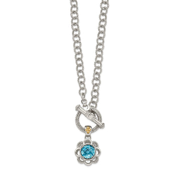 Shey Couture Sterling Silver Rhodium-plated with 14K Accent 18 Inch Round Light Swiss Blue Topaz and Diamond Toggle Necklace - Birthstone Company