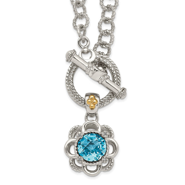 Shey Couture Sterling Silver Rhodium-plated with 14K Accent 18 Inch Round Light Swiss Blue Topaz and Diamond Toggle Necklace - Birthstone Company