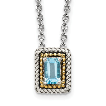 Shey Couture Sterling Silver with 14K Accent 18 Inch Emerald-cut Antiqued Light Swiss Blue Topaz Necklace - Birthstone Company