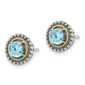 Shey Couture Sterling Silver with 14K Accent Antiqued Round Light Swiss Blue Topaz Post Earrings
