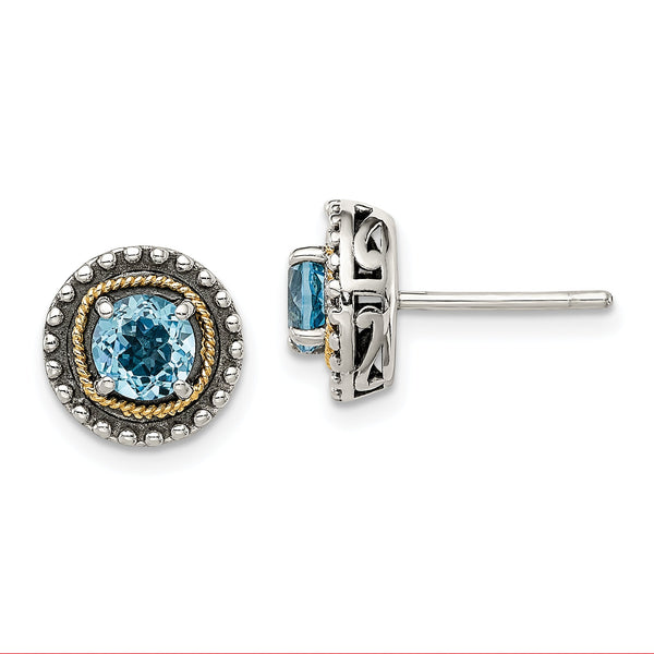 Shey Couture Sterling Silver with 14K Accent Antiqued Round Light Swiss Blue Topaz Post Earrings