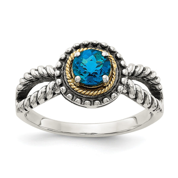 Shey Couture Sterling Silver with 14K Accent Antiqued Round London Blue Topaz Ring - Birthstone Company