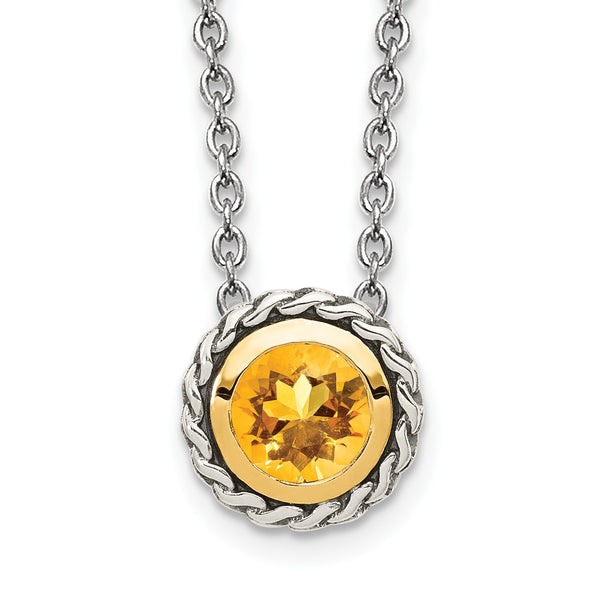 Shey Couture Sterling Silver with 14K Accent 18 Inch Antiqued Round Bezel Citrine Necklace - Birthstone Company