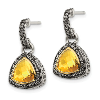 Shey Couture Sterling Silver with 14K Accent Antiqued Trillion Bezel Citrine Dangle Earrings - Birthstone Company