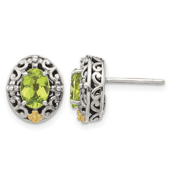 Shey Couture Sterling Silver with 14K Accent Antiqued Oval Peridot Post Earrings - Birthstone Company