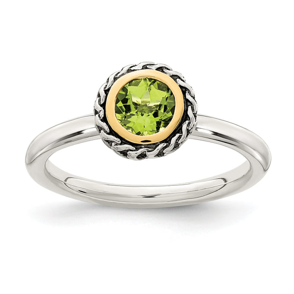Shey Couture Sterling Silver with 14K Accent Antiqued Round Bezel Peridot Ring - Birthstone Company