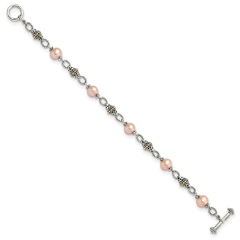 Shey Couture Sterling Silver with 14K Accent 7.5 Inch Antiqued 9-10mm Freshwater Cultured Pink Pearl Bracelet - Birthstone Company