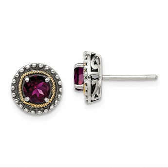 Shey Couture Sterling Silver with 14K Accent Antiqued Round Rhodolite Garnet Post Earrings
