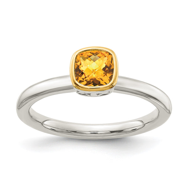 Shey Couture Sterling Silver Rhodium-Plated with 14k Accent Polished Cushion-cut Citrine Ring - Birthstone Company