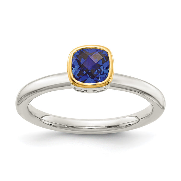 Shey Couture Sterling Silver Rhodium-plated with 14K Accent Polished Cushion-cut Created Sapphire Ring - Birthstone Company