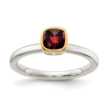 Shey Couture Sterling Silver Rhodium-plated with 14K Accent Polished Cushion-cut Garnet Ring - Birthstone Company