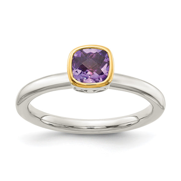 Shey Couture Sterling Silver Rhodium-plated with 14K Accent Polished Cushion-cut Amethyst Ring - Birthstone Company