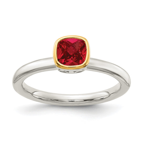 Shey Couture Sterling Silver Rhodium-plated with 14K Accent Polished Cushion-cut Created Ruby Ring - Birthstone Company