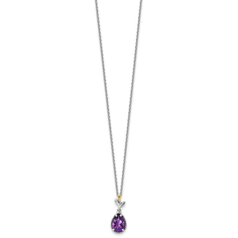 Shey Couture Sterling Silver with 14K Accent 18 Inch Leaves with Checkerboard Pear Shaped Amethyst Necklace with 2 Inch Extender - Birthstone Company