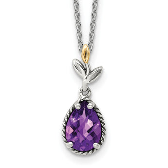 Shey Couture Sterling Silver with 14K Accent 18 Inch Leaves with Checkerboard Pear Shaped Amethyst Necklace with 2 Inch Extender - Birthstone Company