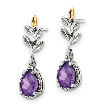 Shey Couture Sterling Silver with 14K Accent Leaves with Pear Shaped Checkerboard Amethyst Dangle Post Earrings - Birthstone Company