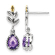 Shey Couture Sterling Silver with 14K Accent Leaves with Pear Shaped Checkerboard Amethyst Dangle Post Earrings - Birthstone Company