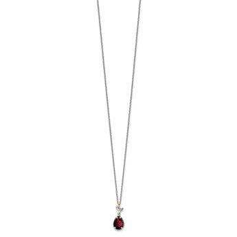 Shey Couture Sterling Silver with 14K Accent 18 Inch Antiqued Leaves with Pear Shaped Checkerboard Garnet Necklace with 2 Inch Extender - Birthstone Company