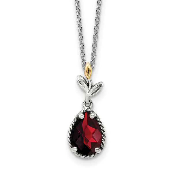 Shey Couture Sterling Silver with 14K Accent 18 Inch Antiqued Leaves with Pear Shaped Checkerboard Garnet Necklace with 2 Inch Extender - Birthstone Company