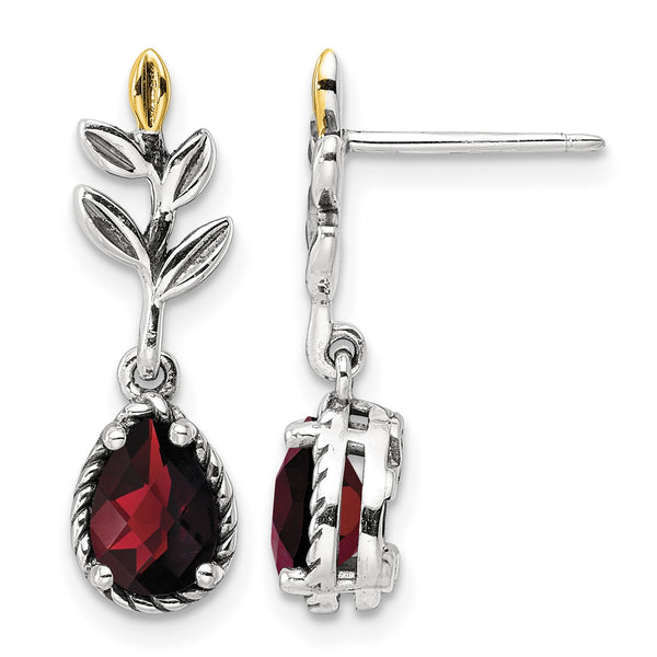 Shey Couture Sterling Silver with 14K Accent 18 Inch Antiqued Leaves Pear Shaped Checkerboard Garnet Leaves Dangle Post Earrings - Birthstone Company