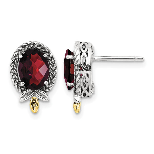 Shey Couture Sterling Silver with 14K Accent Antiqued Checkerboard Oval Garnet Post Earrings - Birthstone Company