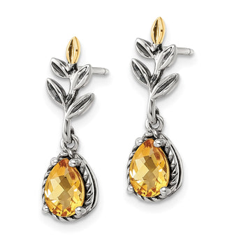 Shey Couture Sterling Silver with 14K Accent Antiqued Leaf Pear Shaped Citrine Dangle Post Earrings - Birthstone Company