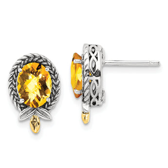 Shey Couture Sterling Silver with 14K Accent Antiqued Braided Oval Citrine Post Earrings