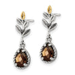 Shey Couture Sterling Silver with 14K Accent Leaves Pear Shaped Checkerboard Smoky Quartz Dangle Post Earrings