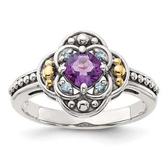 Shey Couture Sterling Silver with 14k Accent Antiqued .41 Amethyst / .09Swiss Blue Topaz Ring - Birthstone Company