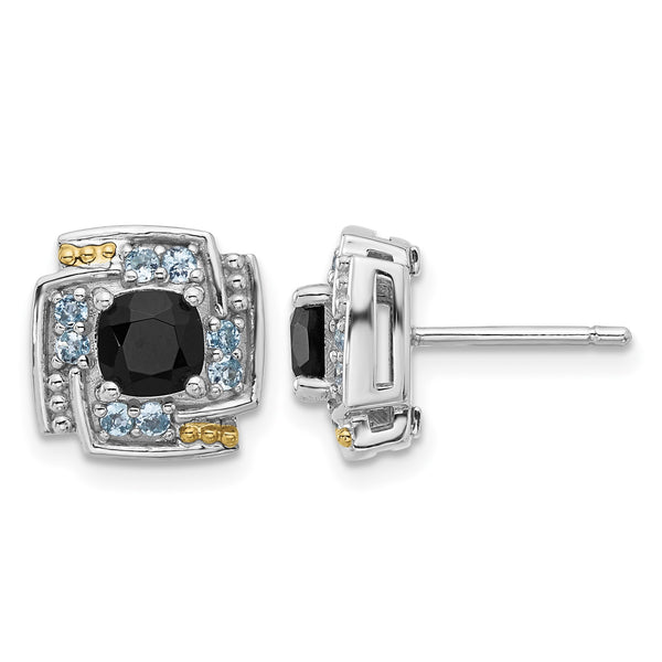 Shey Couture Sterling Silver Rhodium-plated with 14k Accent .96 Onyx / .33 Swiss Blue Topaz Post Earrings - Birthstone Company