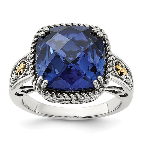Shey Couture Sterling Silver with 14k Antiqued Lab Created Checker Cushion Sapphire Ring