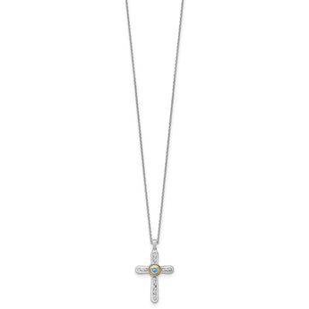 Shey Couture Sterling Silver Rhodium-plated with 14k Accent Round London Blue Topaz Textured Cross 18 inch with 2 inch Extension Necklace - Birthstone Company