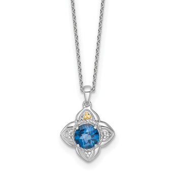 Shey Couture Sterling Silver Rhodium-plated with 14k Accent Round London Blue Topaz Flower 18 inch with 2 inch Extension Necklace - Birthstone Company