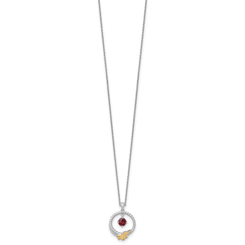 Shey Couture Sterling Silver Rhodium-plated Twisted Circle with 14k Leaf Accent Round Garnet Dangle 18 inch with 2 inch Extension Necklace - Birthstone Company