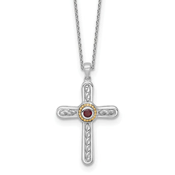 Shey Couture Sterling Silver Rhodium-plated with 14k Accent Round Garnet Textured Cross 18 inch with 2 inch Extension Necklace - Birthstone Company
