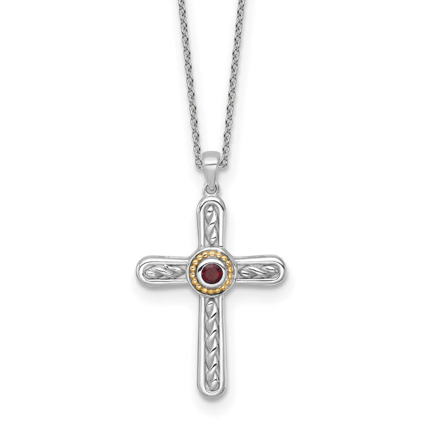 Shey Couture Sterling Silver Rhodium-plated with 14k Accent Round Garnet Textured Cross 18 inch with 2 inch Extension Necklace - Birthstone Company