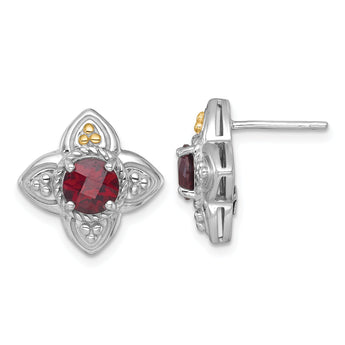 Shey Couture Sterling Silver Rhodium-plated with 14k Accent Round Garnet Flower Post Earrings