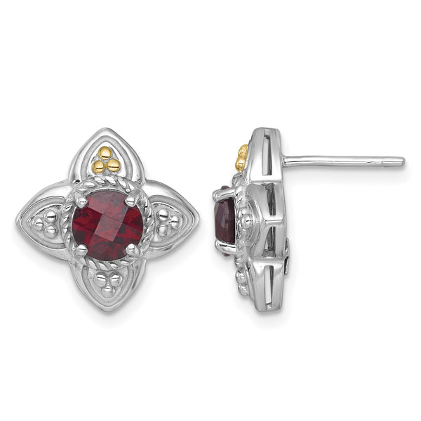 Shey Couture Sterling Silver Rhodium-plated with 14k Accent Round Garnet Flower Post Earrings - Birthstone Company