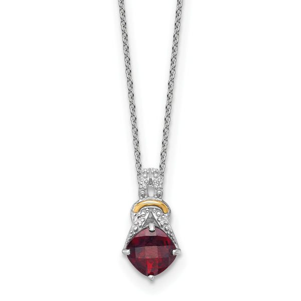 Shey Couture Sterling Silver Rhodium-plated with 14k Accent Checker Cushion Garnet and .04ct. Diamond 18 inch w/2 inch Extension Necklace - Birthstone Company
