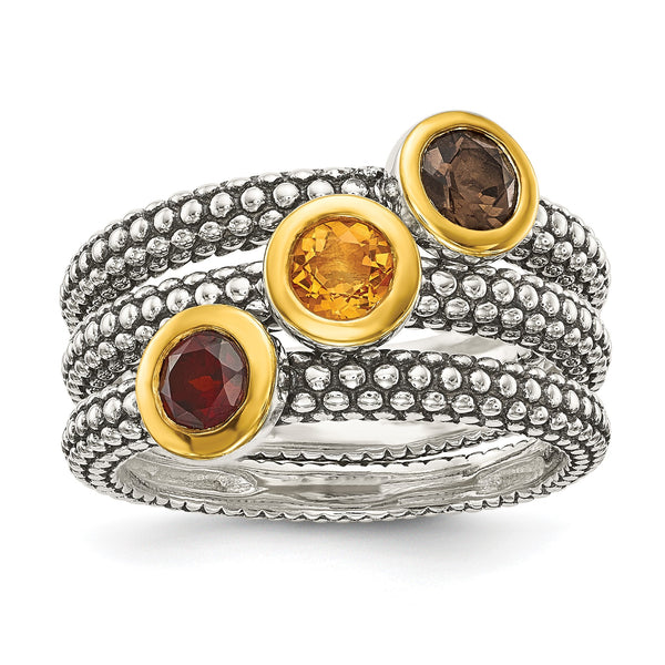 Shey Couture Sterling Silver Gold-tone Flash Gold-plated Antiqued Round Bezel .30Garnet/.20Citrine/.20Smoky Quartz 3 Stackable Rings - Birthstone Company