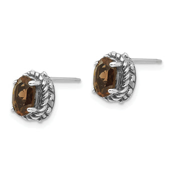 Smoky Quartz Stud Earrings in Sterling Silver, 7x5mm Antiqued